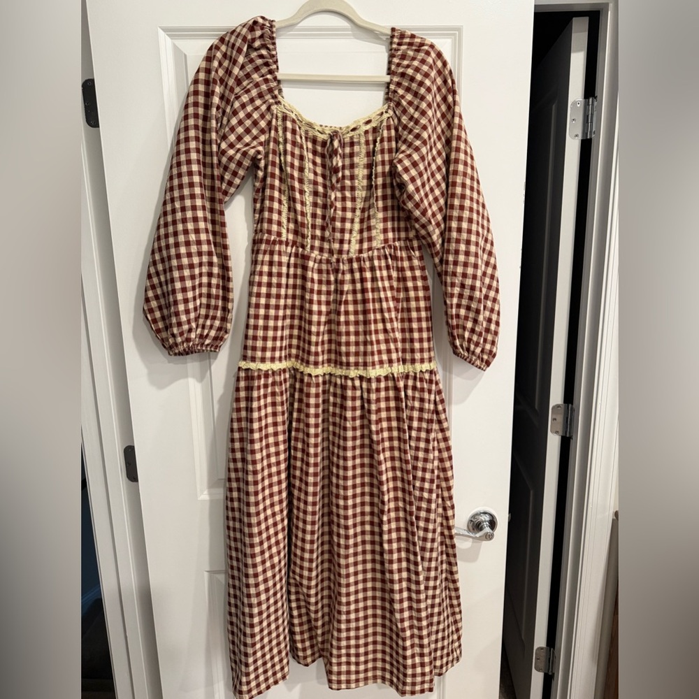 Listicle Red and Cream Plaid Midi Dress